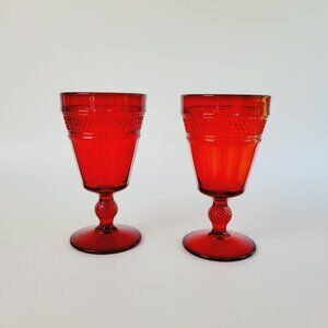 Viking Glass Co. Mt Vernon Red Glass Goblets (2), Panel & Cross Hatch, Retro USA